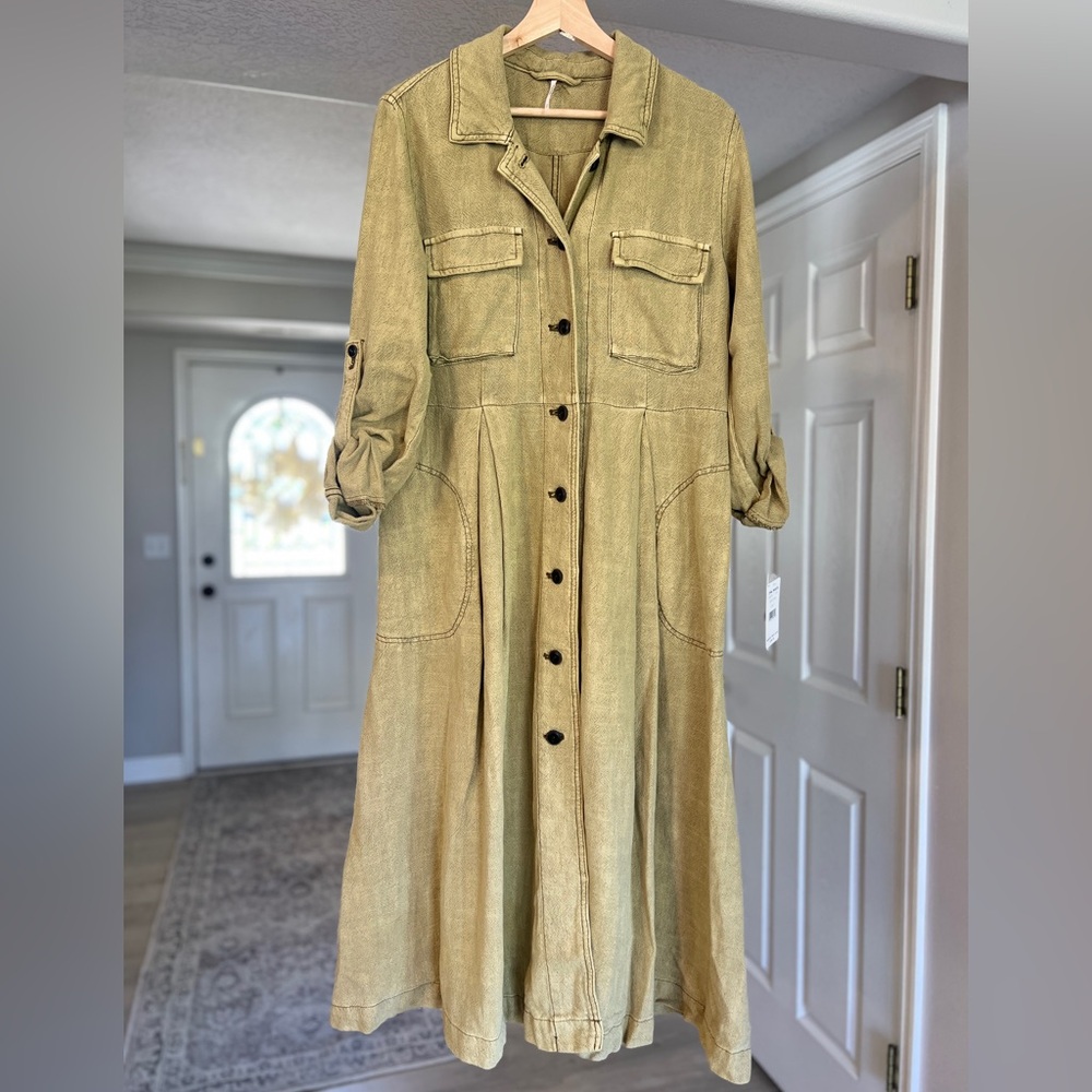 Free People Utility Button-Down Midi Dress in Olive Green, Size Small